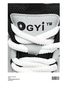Detailed macro shot of chunky sneaker laces and OGYI YM branded shoe tongue
