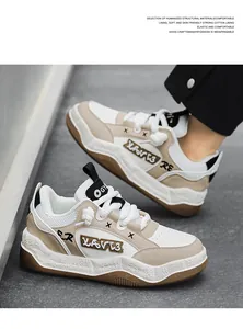 Detailed view of breathable chunky platform sneakers in beige and white color way