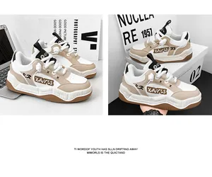Close-up view of stylish white and beige thick-soled platform sneakers for women