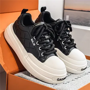 Stylish black and white leather platform sneakers with quilted texture design for men