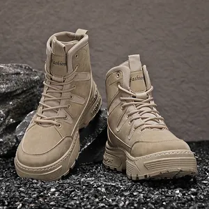 Durable sand-colored high-top tactical combat boots with thick soles for outdoor trekking