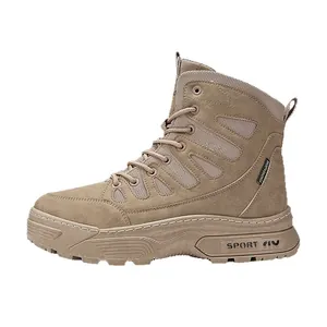 High-top men's rugged outdoor tactical military boots with thick lug sole in tan