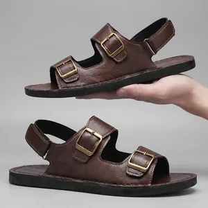 Sandalias Casuales de Cuero de Microfibra para Hombre Verano Aire Libre Zapatos de Playa Antideslizantes Hebilla Doble Ajustable Moda Cómodas Chanclas Planas para Hombre