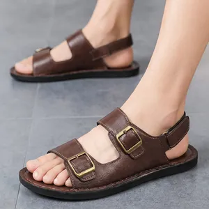 Sandalias de cuero marrón para hombre con doble hebilla y suela antideslizante
