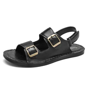 Sandalias de cuero negro para hombre con hebillas ajustables y suela antideslizante duradera