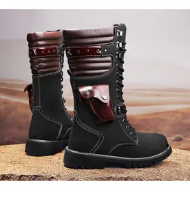 Macro detail of retro steampunk high-top locomotive boots for men in desert setting