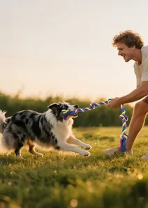 Durable multi-colored cotton rope dog toy shown in an interactive tug-of-war play scene