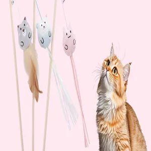 Interactive wooden cat teaser wand with plush cartoon animals and soft feathers