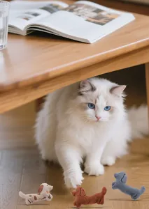 Playful white cat with cute dachshund dog plush toys containing catnip and crinkle paper