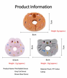 Detailed size and material specifications for animal-shaped catnip plush donut toys