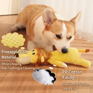 Durable yellow plush giraffe dog toy with pineapple grid texture for pet teething