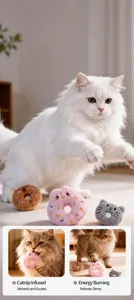 Close-up of adorable plush donut catnip toys with white and fluffy cat playing
