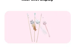 Set of three cartoon plush animal cat teaser wands with wooden sticks and feathers