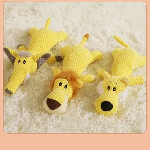 Set of yellow plush corduroy squeaky dog toys in various animal shapes