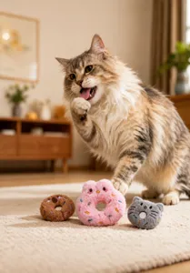 A fluffy long-haired cat playing with colorful donut-shaped plush pet toys on carpet