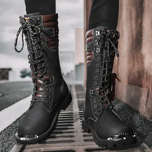 Retro high-top motorcycle combat boots with vintage metal accents and rugged lug sole