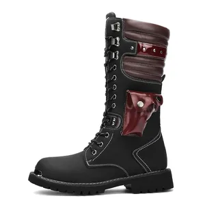 Punk style men's high-top motorcycle boots in black and burgundy leather with side pocket