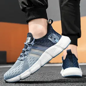 Premium men's breathable fly-knit running shoes with lightweight white popcorn sole