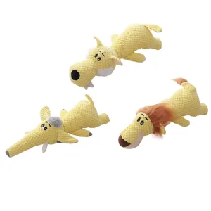 Set of three yellow knitted plush dog squeaky toys in cartoon animal shapes
