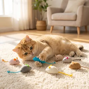 Close-up of a cat playing with colorful plush mouse toys on a soft white rug
