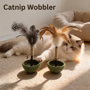 Interactieve Kattenkruid Tuimelaar Katten Speelgoed met Natuurlijke Veren en Sisal Touw Houten Paal Bel voor Binnenkatten