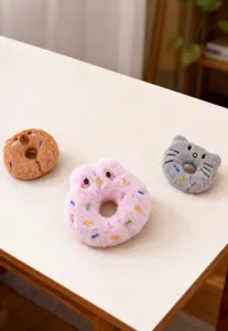 Detail view of plush donut cat toys with soft PP cotton filling and cute animal faces
