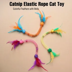 Jouet Interactif pour Chat en Tube de Maille Avec Plumes Colorées et Clochette Intégrée pour le Divertissement des Animaux
