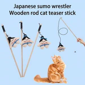 Japanese Sumo Wrestler Cat Wand Toy With Bell Catnip Plush Teaser Interactive Pet Toy Wood Plastic Rod For Indoor Cats