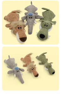 Durable squeaky dog toys in elephant, lion, and wolf shapes made of soft corn fleece.