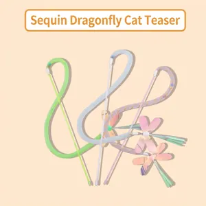 Interactive Dragonfly Cat Teaser Wand With Holographic Sequins And Tassels For Indoor Play Colorful Plastic Pet Toy Wand