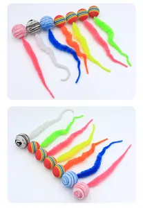 Colorful cat toy balls with fuzzy caterpillar tails in various patterns and vibrant hues.