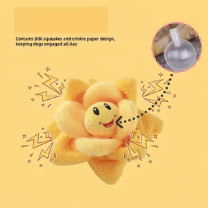 Yellow sunflower plush dog toy with squeaker and crinkle paper for pet interactive play