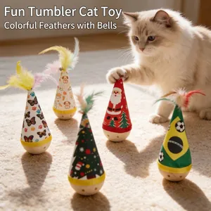 Interactive Wooden Tumbler Cat Toy With Colorful Feathers And Bell Santa Football Butterfly Patterns Self-Amusement Kitten Teaser Toy