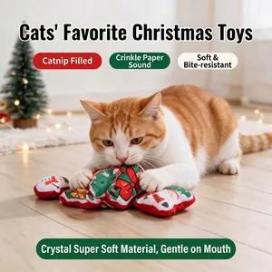 Detail of domestic cat playing with catnip-filled soft plush Christmas toys