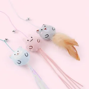 Interactive plush animal cat wand toy with colorful feathers and jingling bells