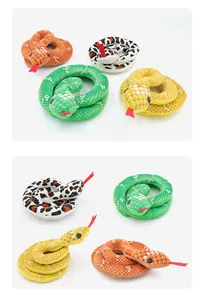 Colorful plush snake cat toys with realistic scale patterns and red fabric tongues.