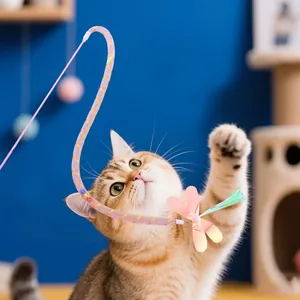 Colorful dragonfly cat teaser wand toy with sequins and ribbon for interactive cat play