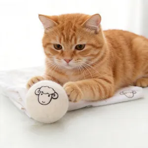 Nahaufnahme des geräuschlosen Wollballs für Katzen mit süßer Schaf-Stickerei