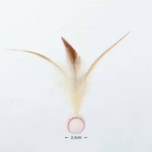 Macro detail view of 2.5cm diameter cat toy elastic ball with natural feathers