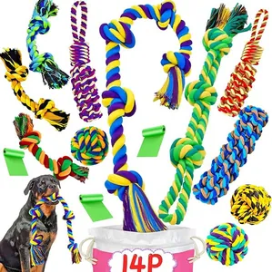Durable Pet Dog Cotton Rope Toy Set Woven Knot Ball For Aggressive Chewers Interactive Teething Cleaning Teeth Training Puppy Toy