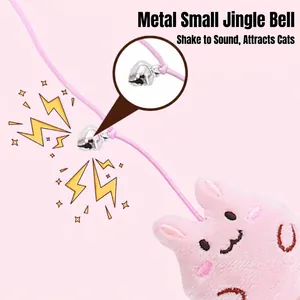Interactive pink plush animal cat teaser wand with a sound-making metal bell for kitten play