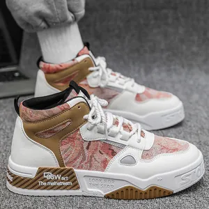 Heren high-top retro sneakers met bos olieverfpatroon en dikke zool