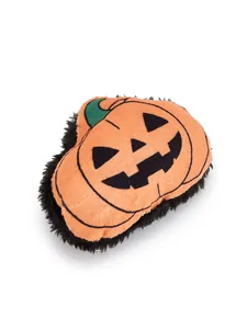Λούτρινο παιχνίδι γάτας κολοκύθα Halloween με μαλακή τσόχα και μαύρη χνουδωτή βάση.