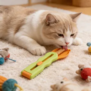 Detailansicht einer Katze, die Leckerlis aus einem grünen Katzenstreifen-Quetscher leckt