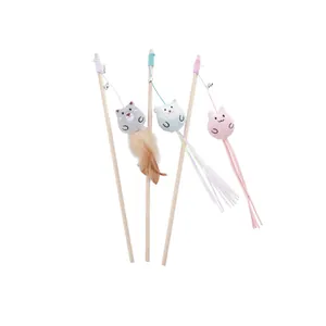 3-pack cartoon plush cat teaser wands with wooden sticks, colorful feathers and bells.