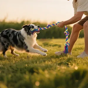 Durable multi-colored braided cotton rope tug toy for interactive dog play outdoors