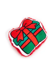 Detailed view of gift box shaped Christmas plush cat toy with red faux fur edge.