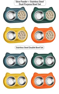 Comparaison entre gamelle anti-glouton et double gamelle inox en quatre coloris