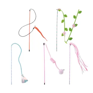 Set of five interactive cat teaser wands featuring colorful flowers ribbons and plush pompoms