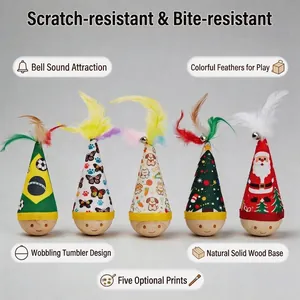 Detailed view of tumbler cat toys with feathers, bells, and a natural solid wood base